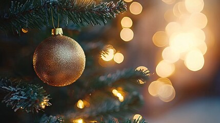 Close-up of elegant golden Christmas baubles hanging on snow-dusted pine branches, illuminated by soft warm fairy lights with dreamy bokeh in the background.