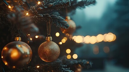 Close-up of elegant golden Christmas baubles hanging on snow-dusted pine branches, illuminated by soft warm fairy lights with dreamy bokeh in the background.
