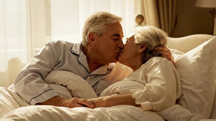 Senior Couple Affection in Bed - A loving mature couple is seen embracing and kissing tenderly in bed. They appear to be enjoying their retirement, sharing a moment of intimacy and joy. - Powered by Adobe