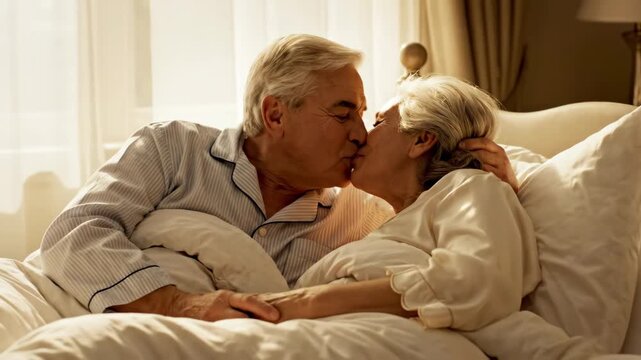 Senior Couple Affection in Bed - A loving mature couple is seen embracing and kissing tenderly in bed. They appear to be enjoying their retirement, sharing a moment of intimacy and joy.