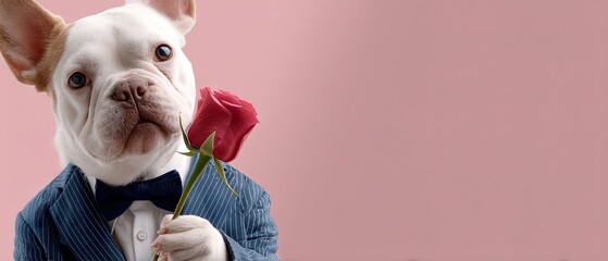French bulldog in suit holding rose in studio for Valentine's Day celebration captured in high-resolution