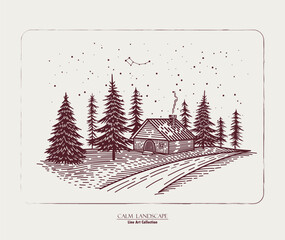 Starry Night in the forest. Wooden cabin between the fir trees. Vector line illustration of forest cottage house, trees and starry sky with constellations