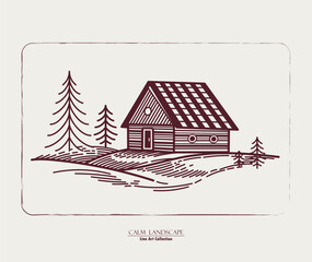 Cozy wooden house between spruce trees. Simple Vector line illustration of forest cottage and fir trees on the hill