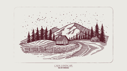 Starry Night in the Mountains. Forest cabin behind fence. Vector line illustration of mountain range, wooden house, pine trees and starry sky with constellations