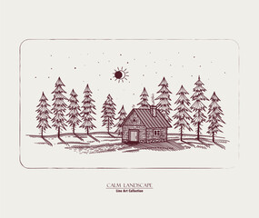 Starry sky with solar eclipse in the forest. Wooden cabin between the fir trees. Vector line illustration of forest cottage house, trees and starry sky with sun
