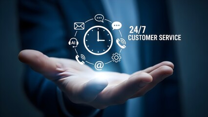 Businessman's hand holding a glowing holographic interface with icons for 24/7 customer service and support.
