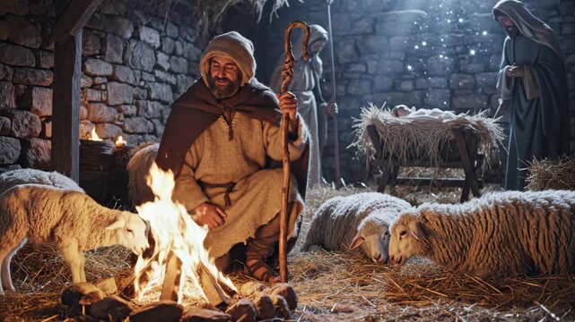 Shepherd Kneeling Near Campfire at Nativity Scene - A shepherd kneels next to a small campfire in a rustic stable setting, holding his staff as sheep rest nearby.