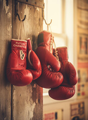Children's and adults' red boxing gloves hang on hooks in the training room.
