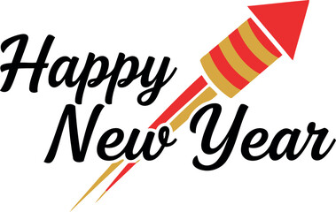 Festive happy new year text with a stylized rocket firework exploding in celebration on a white background