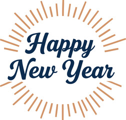 Festive happy new year text with radiating sunburst lines in warm orange and gold tones on a white background