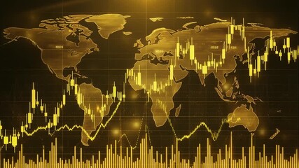 World map with animated gold investment charts overlayed, global finance concep - Powered by Adobe