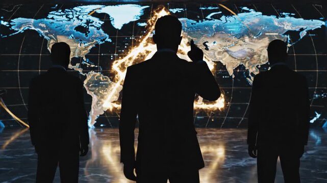 Silhouetted Executives Planning World Domination - Silhouetted business executives stand before an illuminated world map with a glowing triangle symbol, possibly representing a secret society.