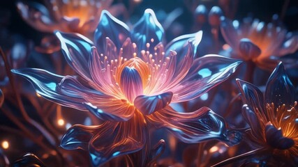 A stunning hybrid plant made of flowers and liquid metal, glowing petals, futuristic botanic - Powered by Adobe