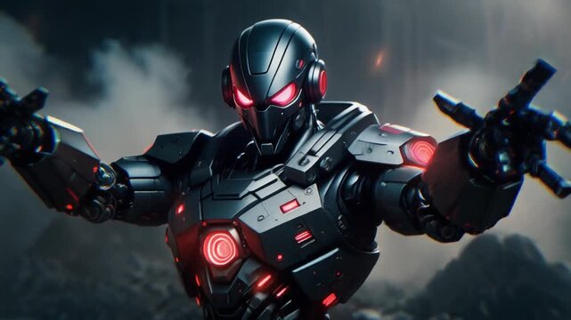 A powerful military robot activating combat mode, glowing red eyes, heavy armor transforming