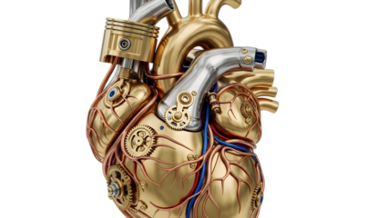 Intricate Mechanical Heart with Gold Silver and Copper Gears and Pistons isolated on a transparent background