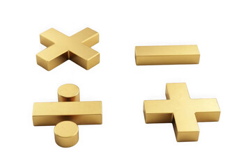 Golden 3d mathematical symbols for arithmetic plus, minus, multiply, divide signs, isolated on transparent background