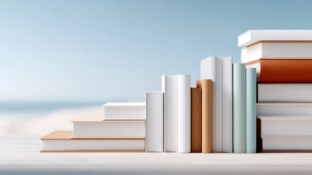 Stacked books creating a rising staircase, illustrating the journey of learning, development, and achieving goals