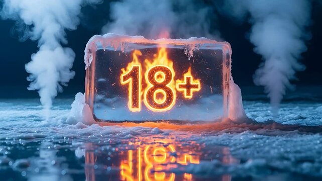 Glowing 18 plus neon sign frozen in melting ice block with steam cinematic loop.