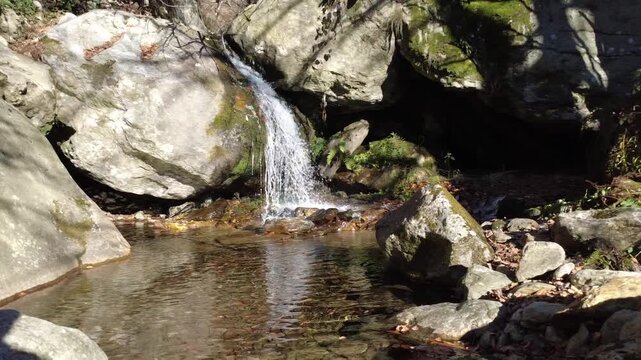 L'acqua scorre limpida tra le rocce del ruscello, formando un piccolo laghetto.