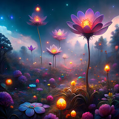Fantasy Glowing Flowers in Magical Night Garden, Surreal Mystical Landscape with Luminous Blooms.