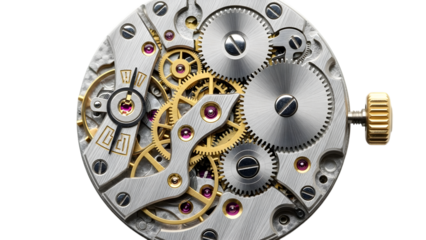 Intricate mechanical watch movement with gears and ruby jewels isolated on a transparent background watch mechanism