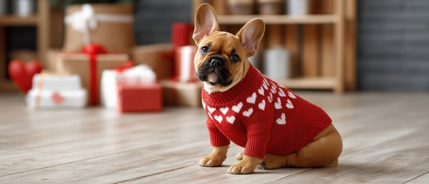 French bulldog puppy sits in a red heart-patterned sweater on a background filled with gift boxes for Valentine's Day, with space for text