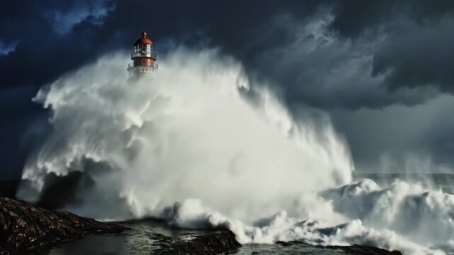 Lighthouse Under Stormy Waves - A powerful wave crashes against a lighthouse during a storm at sea, creating a dramatic scene of nature's force.