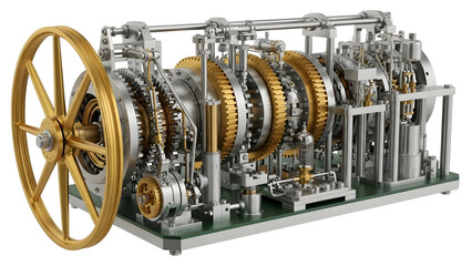 Intricate steampunk engine model with gold gears and large flywheel isolated on a transparent background
