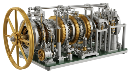 Intricate steampunk engine model with gold gears and large flywheel isolated on a transparent background