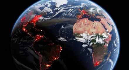 Earth globe showing wildfires and burning areas across several continents. Concept of climate change, global warming, and environmental disaster.
