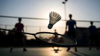 A badminton shuttlecock hangs in the air above a racket, with blurred figures of players in the background against a bright, sunny sky.