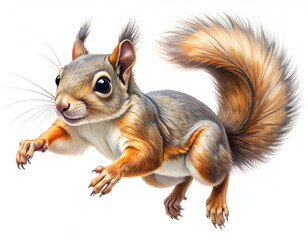 Obraz premium Squirrel in Flight: Capturing the agile motion of a squirrel, its fluffy tail extended as it soars mid-air with focused eyes.