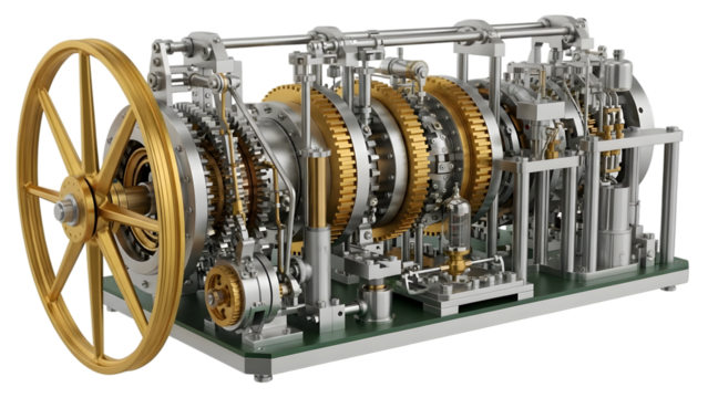 Intricate steampunk engine model with gold gears and large flywheel isolated on a transparent background