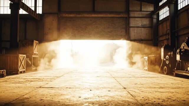 Sunlight Streams Through Warehouse Door - Sunlight streams through a partially open roller shutter door in a warehouse, creating an amber glow on the concrete floor.