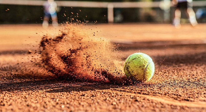 Dynamic close-up of a tennis ball hitting a clay court with flying particles capturing the intensity speed and power of competitive sports action in dramatic motion