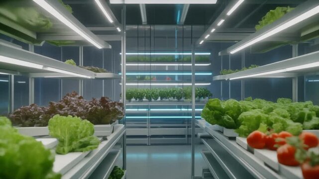 Indoor hydroponic farming system with LED lights, vegetables growing without soil, clean fut