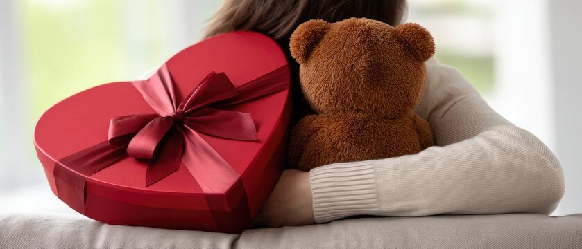 Young woman hugs boyfriend at home with heart-shaped gift box for Valentine's Day celebration