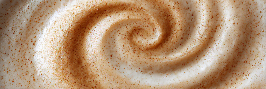 Close up abstract texture of a creamy coffee latte foam with a perfect spiral pattern, ideal for cafe menus or beverage backgrounds.
