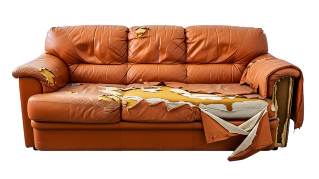 Damaged orange leather three-seater sofa with torn upholstery and exposed padding isolated on a transparent background