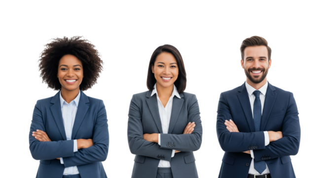 Portrait of business team crossed arms standing confident isolated on white or transparent background