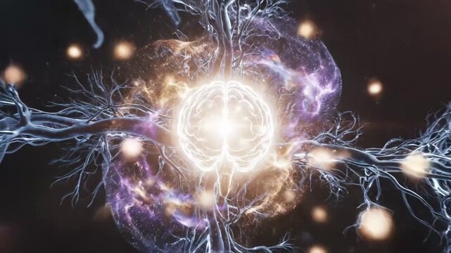 Exploring Neural Activity in the Human Brain - A detailed view of neural networks firing within the human brain is shown with energy bursts and electrical signals, representing cognitive function and