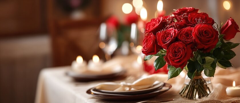 Romantic dinner setup with a bouquet of red roses, candles, and wine glasses at a restaurant for a couple celebrating together on Valentine's Day