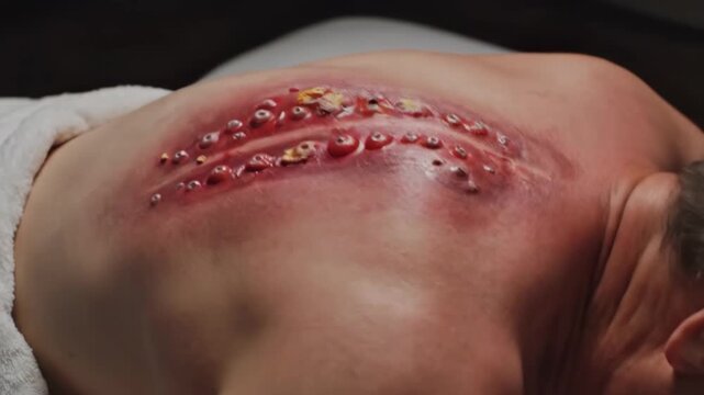 Shingles Rash on Back - Close-up of a painful shingles rash with blisters on a person's back. The viral infection causes a characteristic pattern of skin irritation and sores.