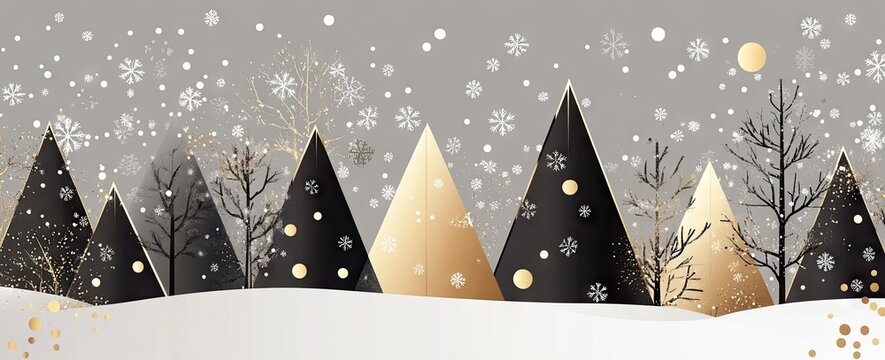 Minimalist vector art of snowy, geometric black and gold trees on a gray background 