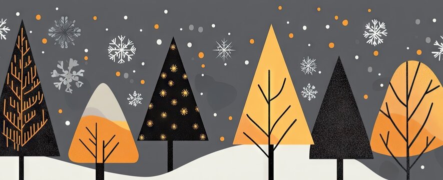 Minimalist vector art of snowy, geometric black and gold trees on a gray background 