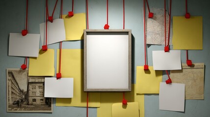 A wall covered in yellow and red notes with a white frame in the middle. The notes are all different sizes and shapes, and some are hanging from the wall. The frame is empty