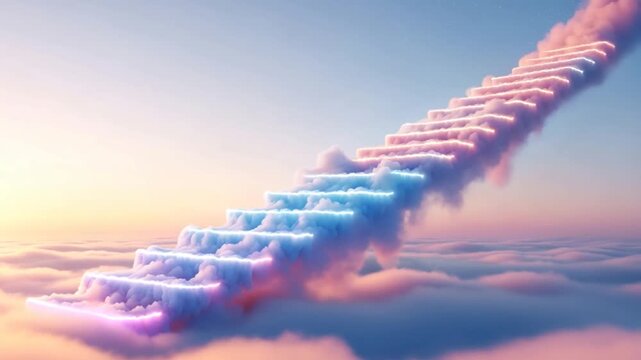 Dreamy cloud staircase ascending through pastel sunrise sky cinematic aerial footage.