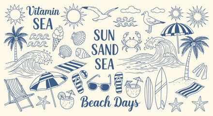 Summer Vibes A Delightful Collection of Beach Day Icons Featuring Sun, Sand, and Sea with Tropical Drinks and Palm Trees