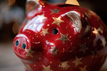 Close-up of a glossy red piggy bank decorated with shimmering gold stars, illuminated by soft, warm lighting, evoking a sense of holiday savings joy