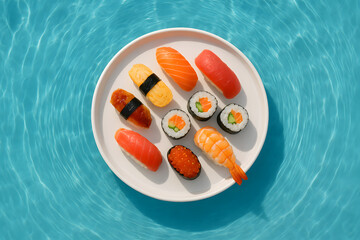 Assorted Sushi on White Plate Floating Over Blue Water